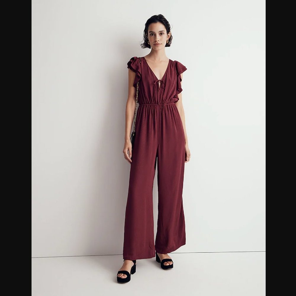 Madewell Jacquard Deep-V Ruffled Jumpsuit – Cabernet – Size L – NWT